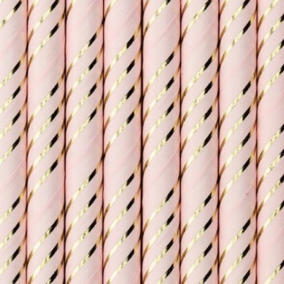 Canudos de papel rosa claro com riscas douradas