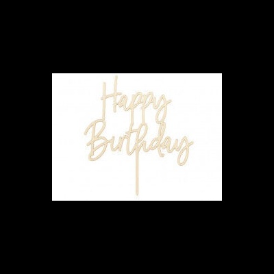 Topo de bolo em madeira com texto Happy Birthday