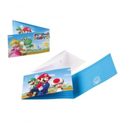 Livro de convites com personagens Mario em fundo azul