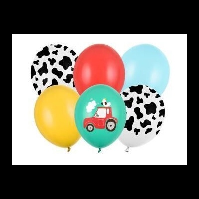 Balões coloridos com estampas de vaca, trator e cores sólidas