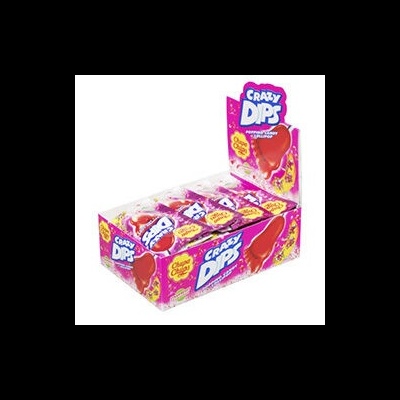 Caixa com embalagens de CRAZY DIPS com design rosa e roxo e palito vermelho em forma de gota.