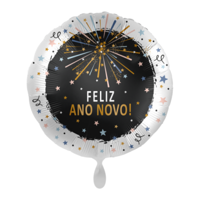 Bexiga redonda de foil com mensagem de Feliz Ano Novo e fogos de artifício