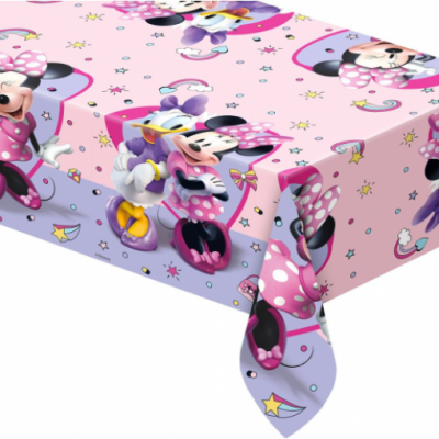 Toalha de mesa plástica rosa e lilás com estampados de Minnie e Margarida