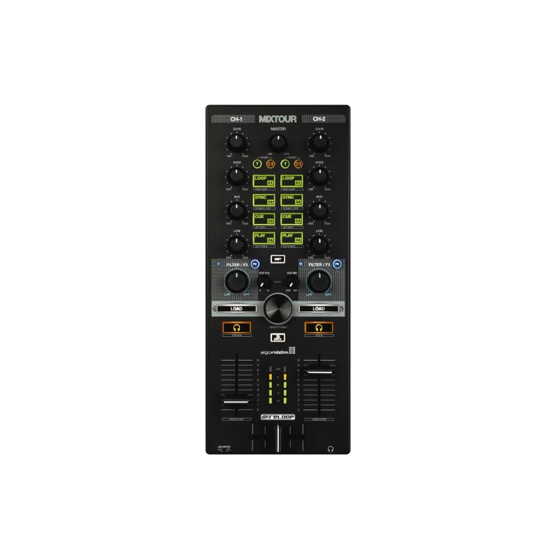 Reloop Mixtour Mesa de mistura DJ preta com botões e displays