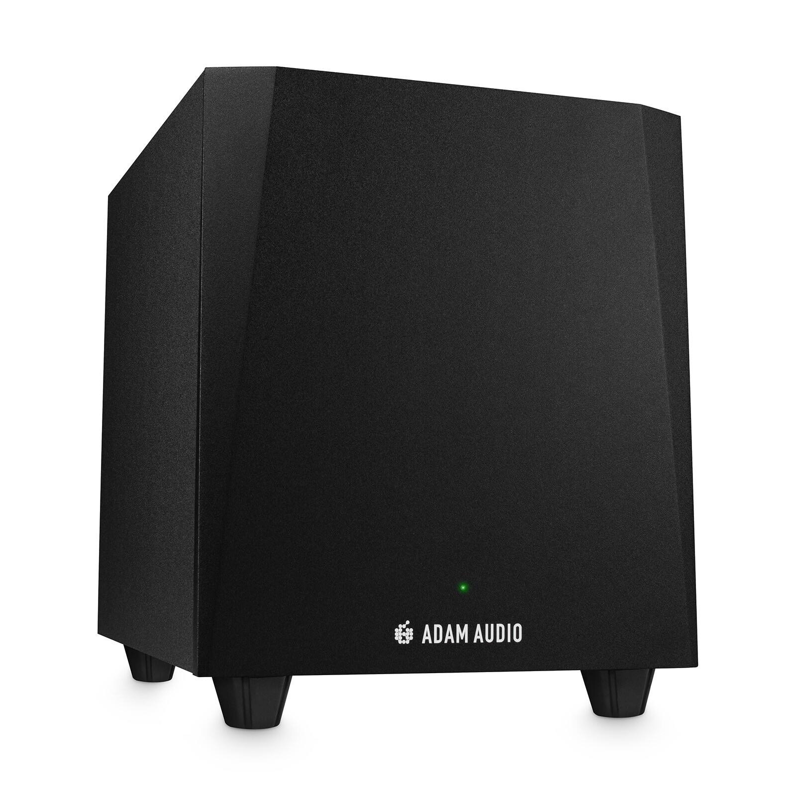 Coluna de som preta com logo Adam Audio e indicador verde
