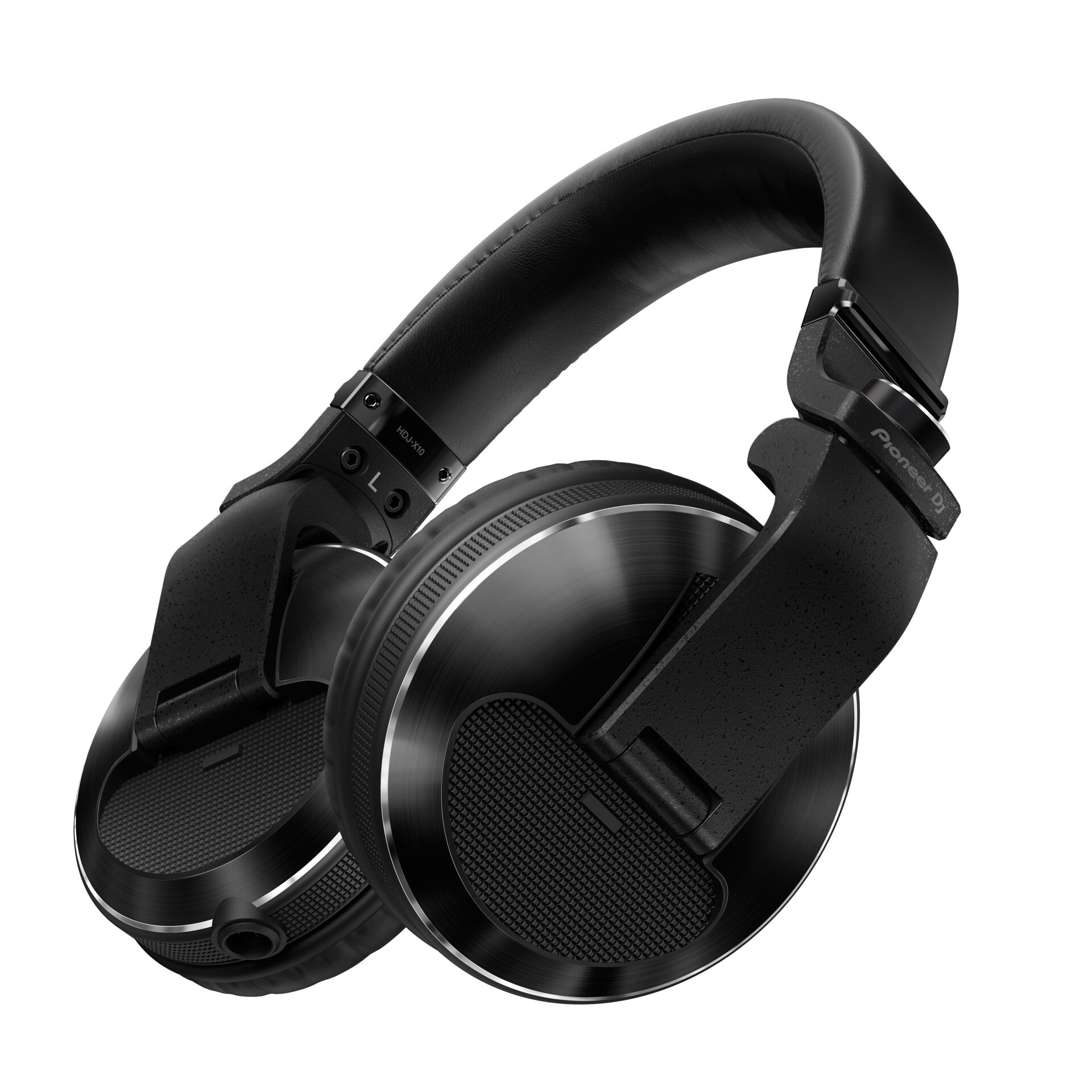 Headphones de DJ pretos com acabamento em metal e couro em fundo branco