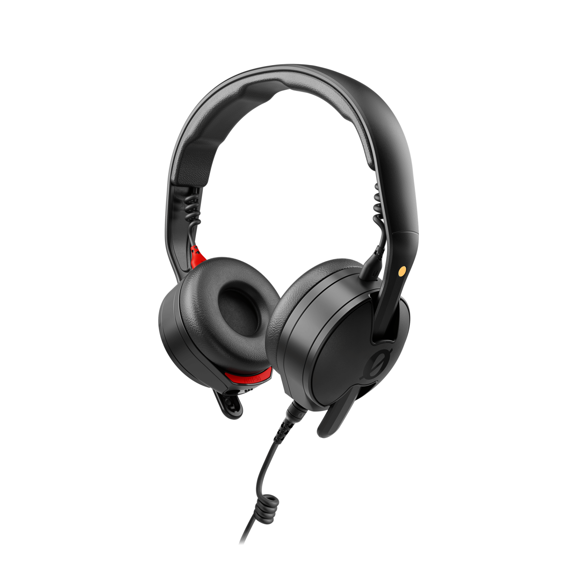 Auricular preto com almofadas em couro sintético e liga vermelha interior