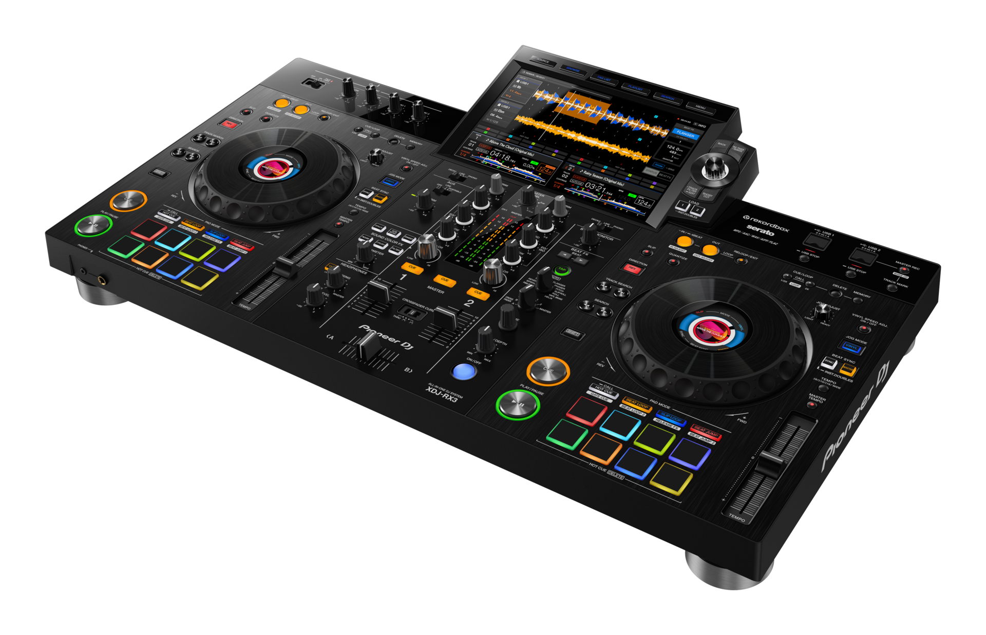 Pioneer DJ XDJ RX3 Controladora de DJ Pioneer DJ preta com ecrã digital e botões coloridos