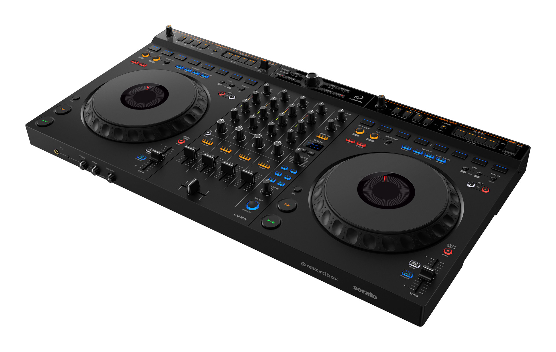 AlphaTheta DDJ-GRV6 Controlador DJ preto com dois pratos giratórios grandes e botões coloridos