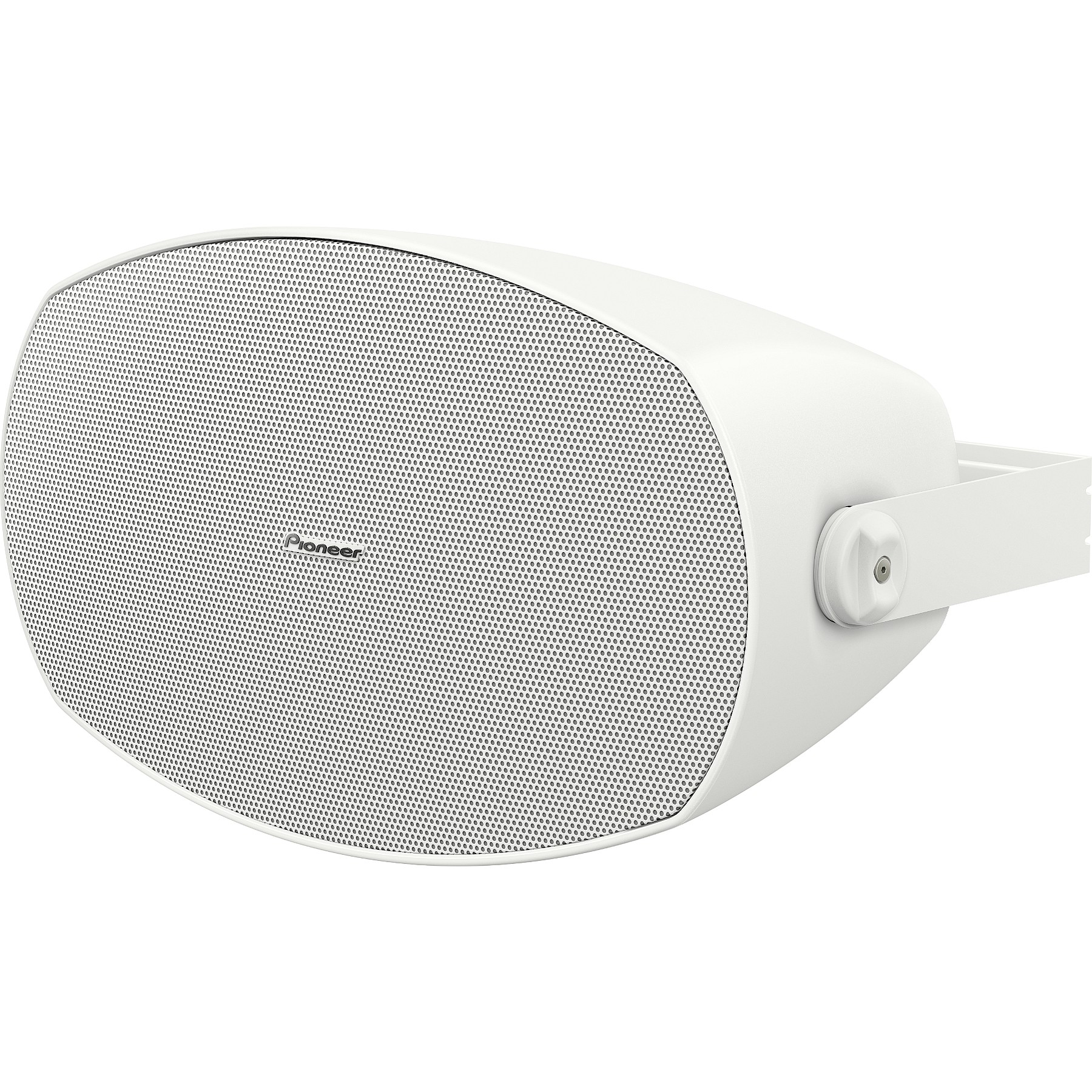 Coluna de som exterior branca com grelha metálica e logo Pioneer