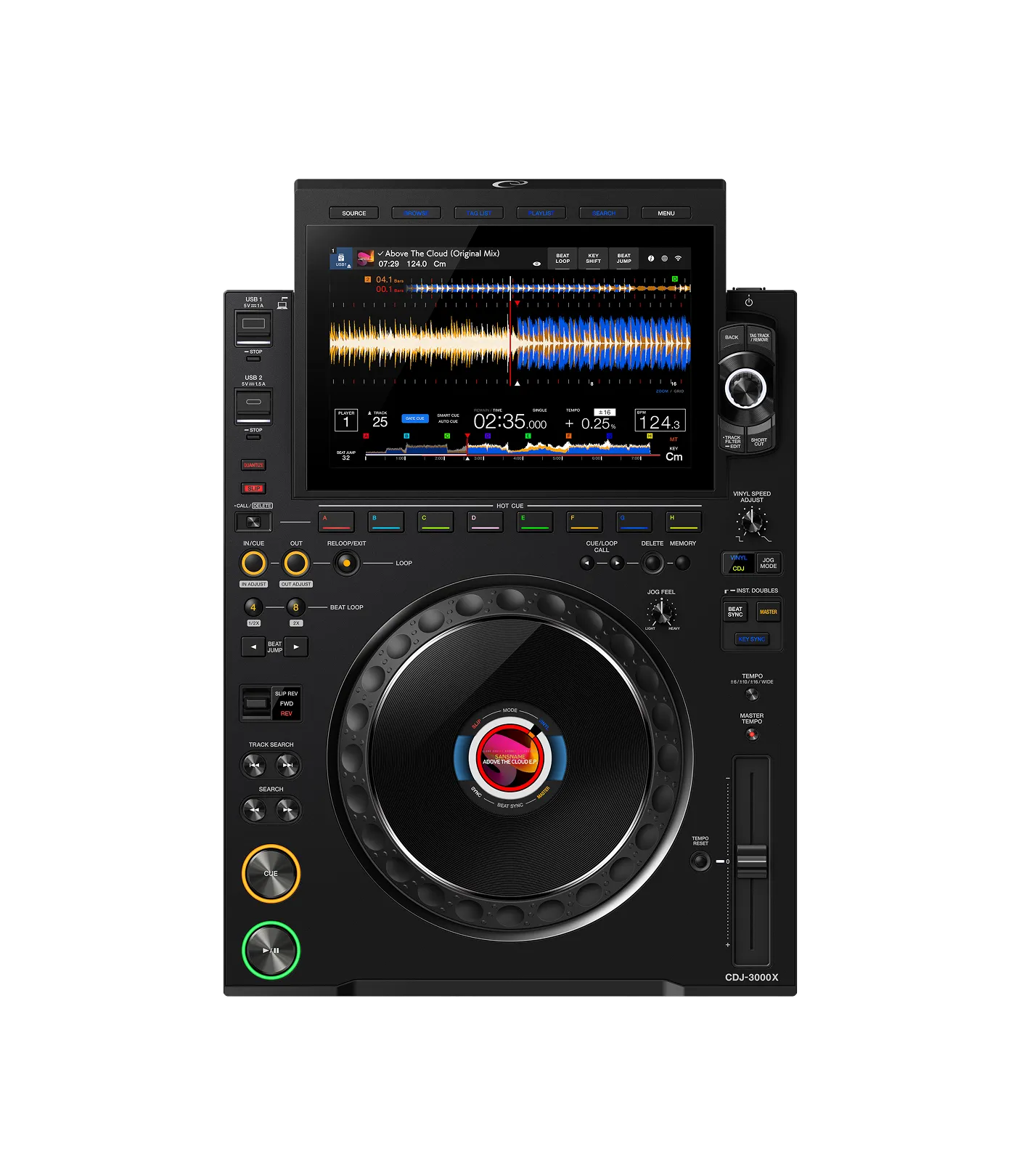 Equipamento DJ Pioneer DJ modelo CDJ-3000, vista frontal, fundo preto