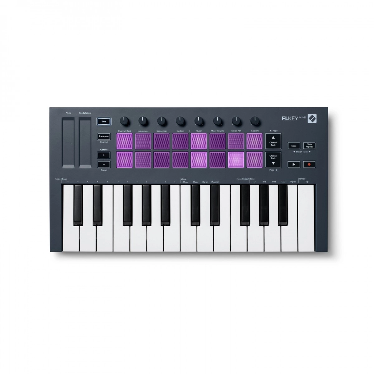 Novation FL Key Mini Controlador MIDI FLKEY MINI com teclas preto e branco e pads iluminados a roxo