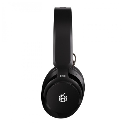 Headphone negro over-ear com texto H200 e logotipo branco