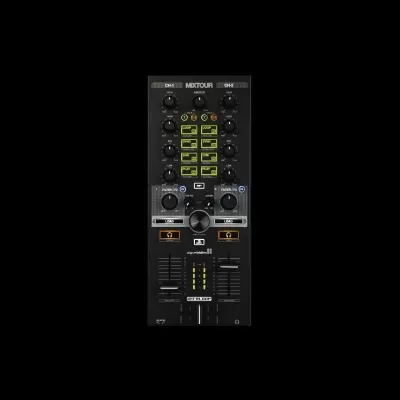 Mesa de mistura DJ preta com botões e displays