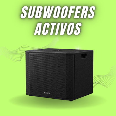 Subwoofer ativo preto com fundo verde claro e texto em branco