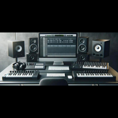 Estação de produção musical com equipamentos de áudio e computador.