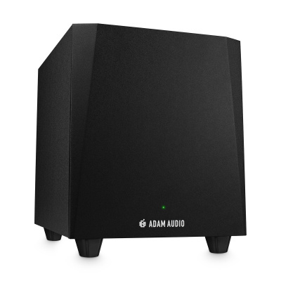 Coluna de som preta com logo Adam Audio e indicador verde