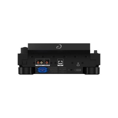 Parte traseira do aparelho AlphaTheta CDL-3000X mostrando conexões e etiquetas de segurança