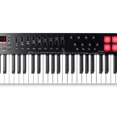 Controlador MIDI teclado preto com 49 teclas e pads iluminados vermelho