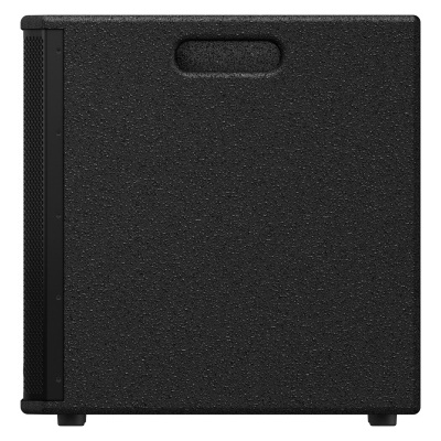 Caixa de som amplificada preta com alça e grelha metálica lateral