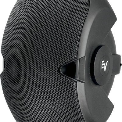 Coluna de som preta com grelha metálica e logótipo EV