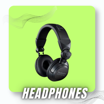 Headphones pretos Technics sobre fundo verde com texto HEADPHONES