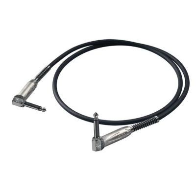 Cabo de áudio preto com conectores metálicos em ângulo de 90 graus