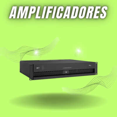 Amplificador preto retangular com texto 'AMPLIFICADORES' em fundo verde-limão