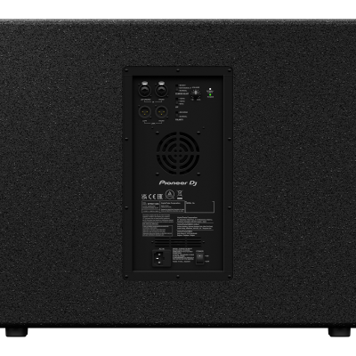 Subwoofer preto Pioneer DJ com painel traseiro e conexões
