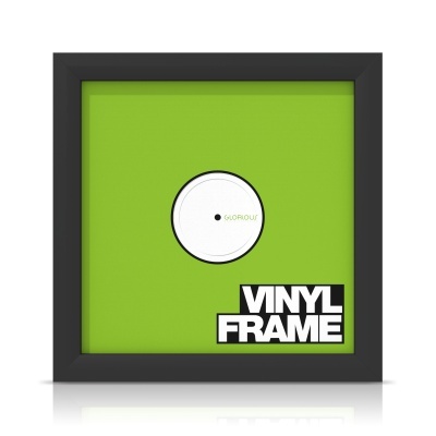 Moldura quadrada preta para vinil com fundo verde e texto VINYL FRAME