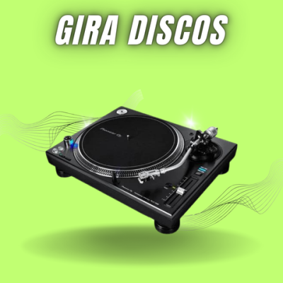 Gira-discos preto numa base quadrada com texto GIRA DISCOS