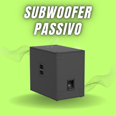 Subwoofer passivo preto com alças em fundo verde
