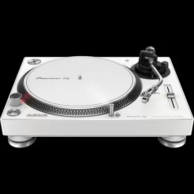 Tocadiscos branco Pioneer DJ com prato cilíndrico e braço de leitura preto