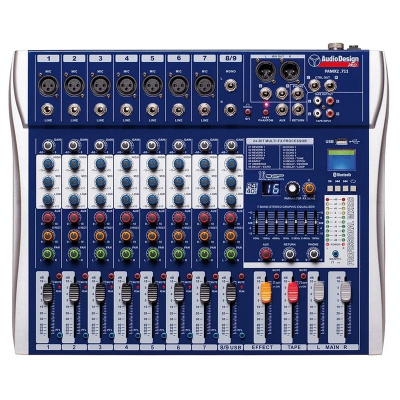 Mesa de mistura AudioDesign PRO azul com botões e sliders