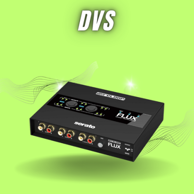 Interface de áudio preta com conectores e botões sobre fundo verde claro