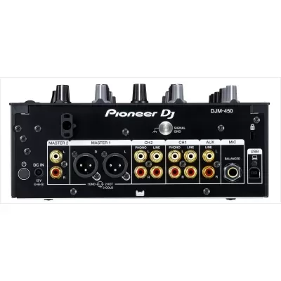 Mixer DJ Pioneer DJ DJM-450 com várias conexões de áudio na parte traseira