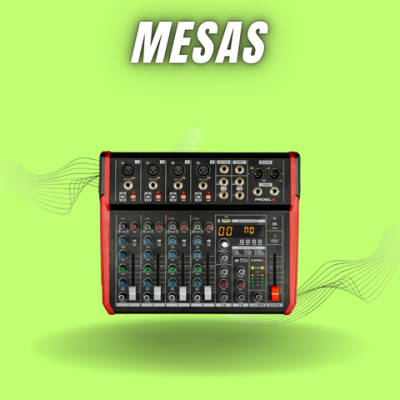 Mesa de mistura áudio Previl sobre fundo verde com texto MESAS