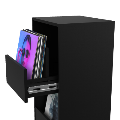 Móvel preto com gaveta aberta e discos vinil