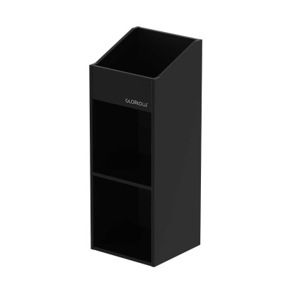 Estante preta vertical com compartimentos e texto GLORIOUS
