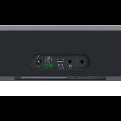 Barra de som preta com conectores na parte traseira