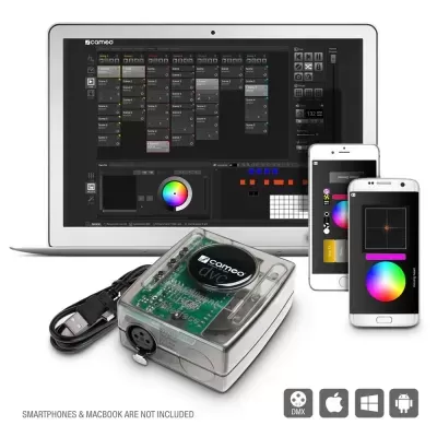 Interface CAMEO dmx lite em caixa transparente com cabo USB e imagens de MacBook e smartphones a mostrar controlos de iluminação