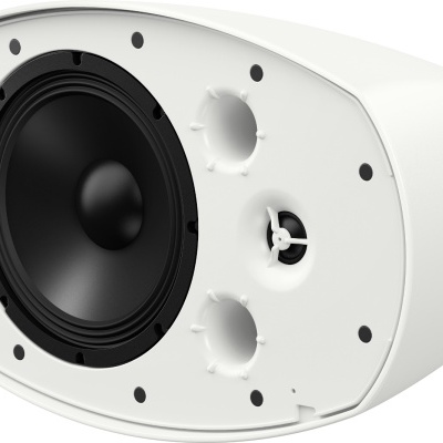 Coluna de som branca com altifalante preto e difusores