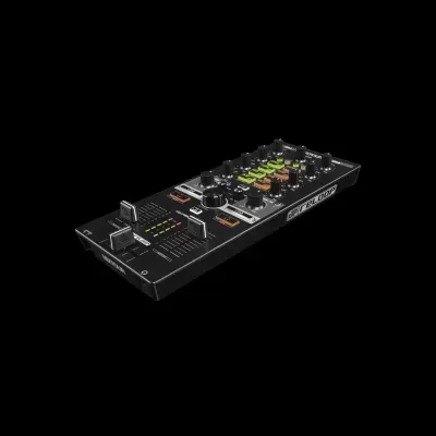 Mesa de mistura DJ preta com botões coloridos e sliders