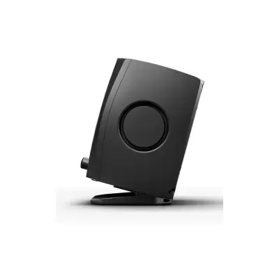 Coluna de som compacta preta com base integrada e formato arredondado