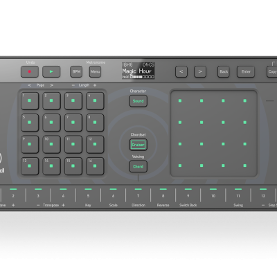 Controlador MIDI musical cinza com botões iluminados e ecrã digital