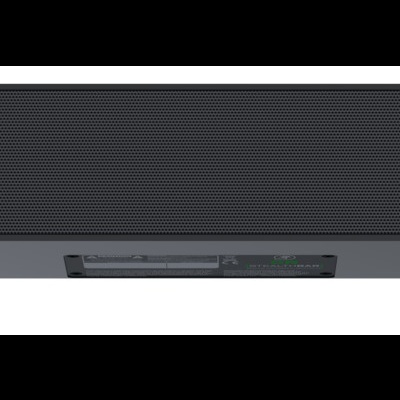 Coluna de som preta com detalhes verdes e grelha frontal em malha