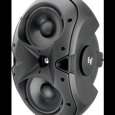 Coluna de som preta com altifalantes e logótipo EV