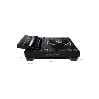 Equipamento DJ AlphaTheta preto com ecrã inclinado e múltiplos botões