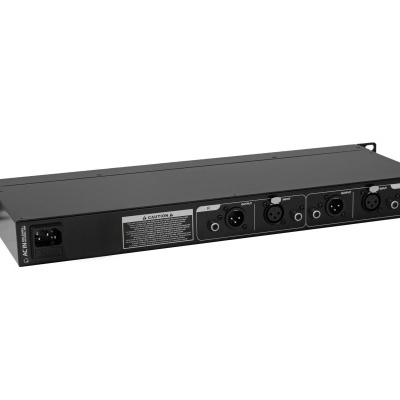 Equipamento eletrónico preto tipo rack com conectores de áudio XLR e tomada AC IN