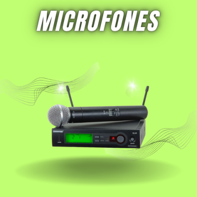 Microfone sem fios Shure preto com base preta sobre fundo verde claro e texto 'MICROFONES'
